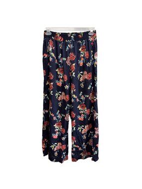 Living Doll Navy Floral Wide-Leg Pants Elastic Waist 1X Polyester Lightweight